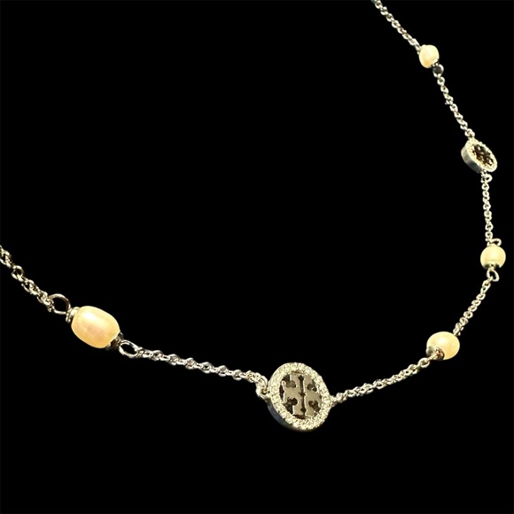 NEW Authentic Tory Burch Pearl & Silver Double T Logo Pave Necklace with Tag - Picture 6 of 7